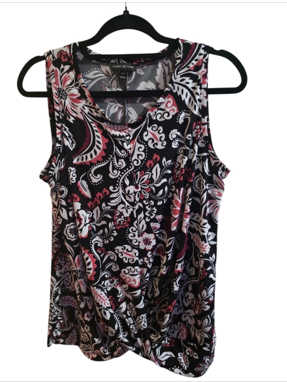 Lane Bryant Floral Sleeveless Blouse Draped Front Stretch Top Black Pink 10/12